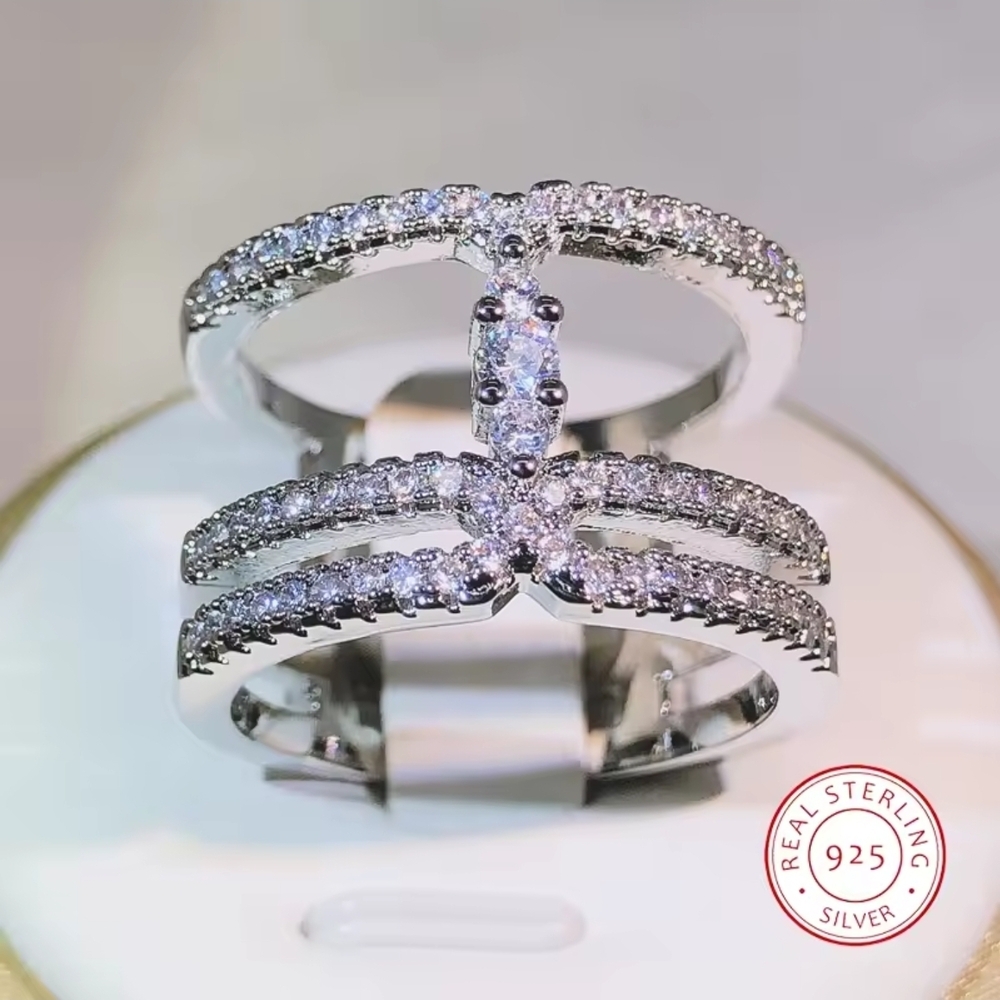 Silver Crystal Triple-Row Openwork Ring - Picture 7 of 7